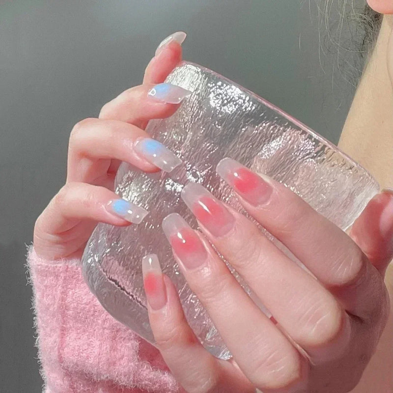 24pcs Wine Red Long Round Coffin Fake Nails With Glue Finished Art Full Cover Artificial Wearing False Nails Press On Nails Set