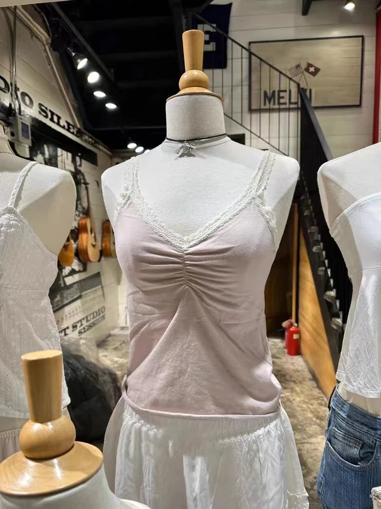 Folds V-neck Bow Black Tank Tops Women Lace Trim Cotton Sleeveless Slim Cropped Camisole Solid Vintage Sweet Summer Crop Top Y2k