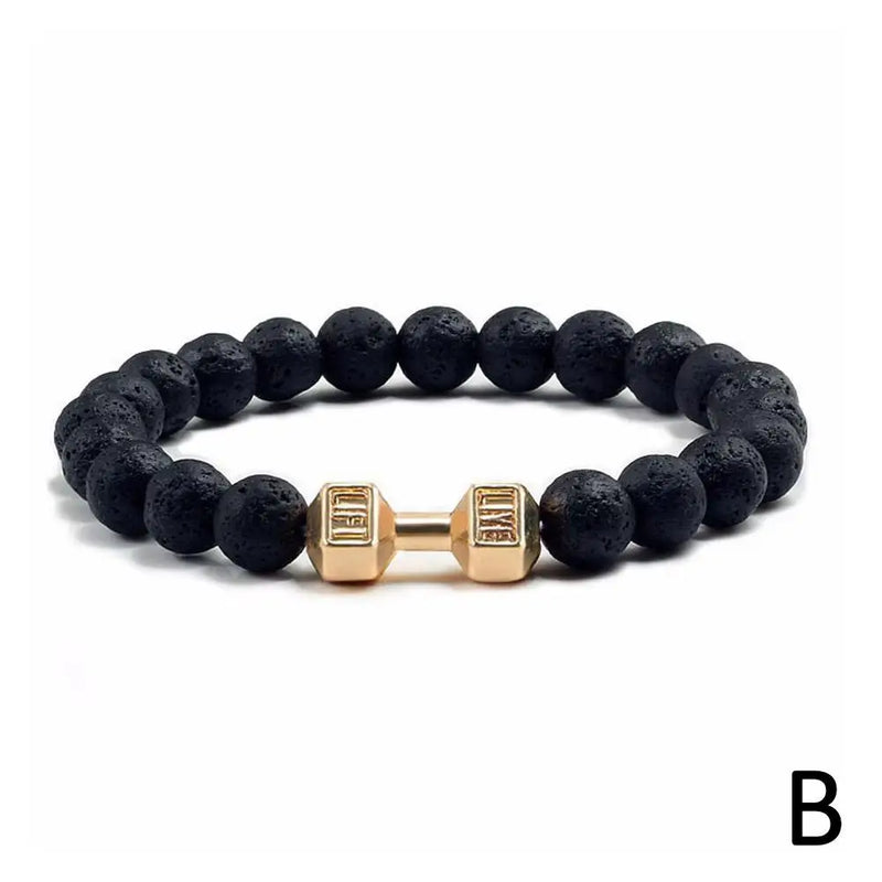 1Pcs Natural Stone Dumbbell Beaded Bracelet Black Beads Fitness Fit Life Prayer Bracelets Bangles Barbell Men Jewelry