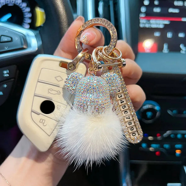 Luxury Handmade Craft Bear Keychain Mink Hair Anti-lost Number Plate Rhinestones Key Chain Lady Charm Bag Car Key Chain Gift