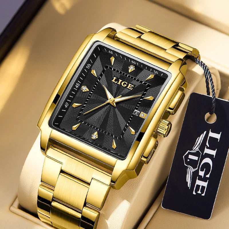 LIGE Gold Stainless Steel Men Watches Quartz Waterproof Luminous Male Clock Business Sport Mens Watch Luxury Calendar Man Watch