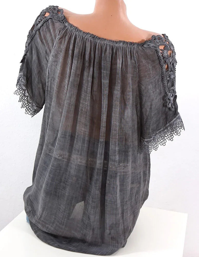 Sexy V Neck Lace Patchwork Loose T-shirts Summer Female See Through Sand Beachwear Tee Shirt Tops ARJ-05