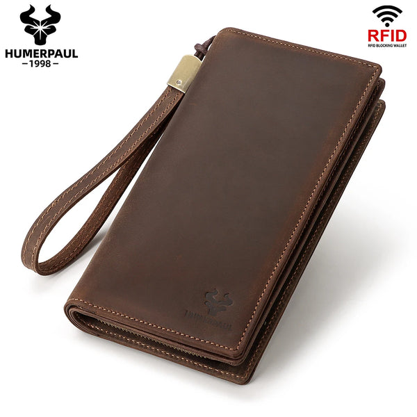 HUMERPAUL Men Wallets Genuine Leather Male Long Clutch with Phone Pocket RFID Blocking Cards Holder Large Capacity Storage Bags