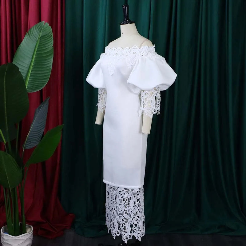 Dashiki African Women Gown Hollow Out Party Dress Sexy Long Sleeve Round Neck Ladies Elegant Solid Pullover High Waist 2024