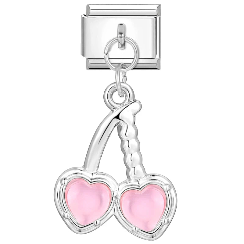 Sweet Red Cherry Bow Knot Heart Pendant Cherry Italian Charm Links Fit 9mm Stainless Steel Bracelet Women Jewelry DIY Making