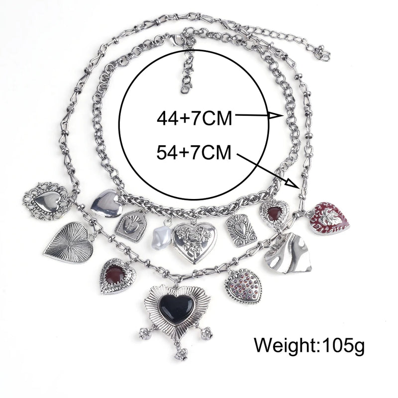 2025 New Vintage Punk Charm Hearts Necklaces Pendants Women Indian Statement Retro Metal Chain Links Necklace Jewelry