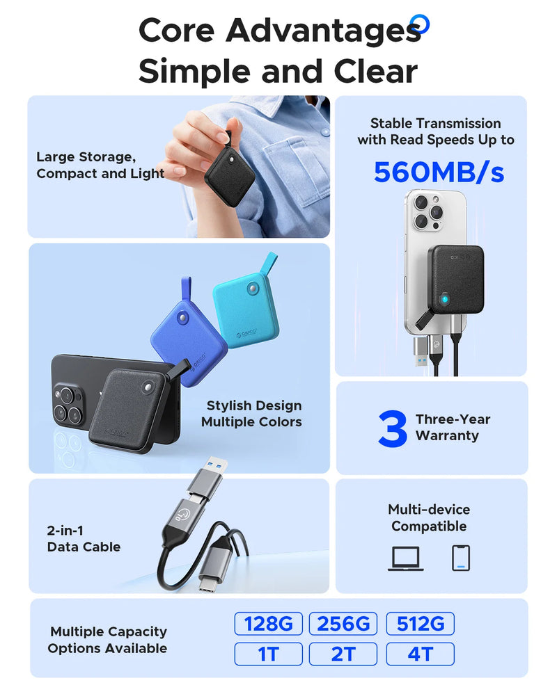 ORICO Portable External Solid State Drive External Hard Drive USB 3.2 Gen2 SSD for iPhone 15/Pro Windows Mac Lightweight