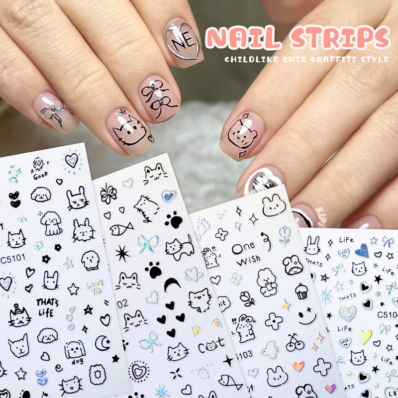 Laser Silver 3D Kawaii Cute Cat Nail Stickers Holographic Cartoon Puppy Dog Graffiti Design Sliders Decals Manicure Decoration