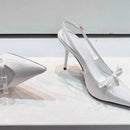 صندل نسائي بكعب عالٍ ومشبك من خط واحد وكعب رفيع بتصميم صيفي جديد مع ربطة عنق على شكل فيونكة وجزء علوي من الجلد اللامع