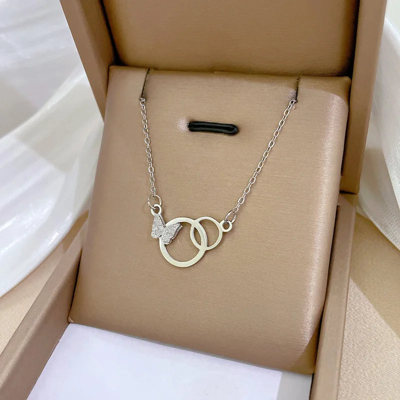 MEYRROYU 316L Stainless Steel Necklace Golden Butterfly Heart Cheetah Pendant Clavicle For Women Gift Jewelry Accessories Bijoux