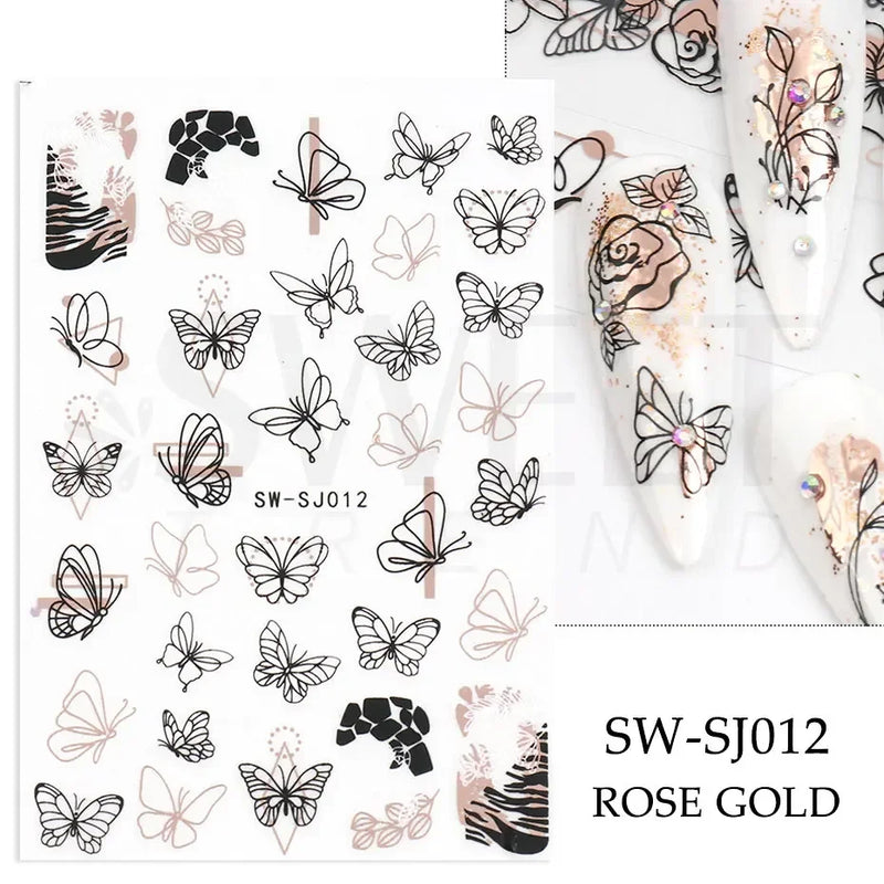 3D Snake Laser Stickers for Manicure Black Gold Abstract Leaves Luxury Nail Art Adhesive Slider Polish Decor Decals SASW-SJ