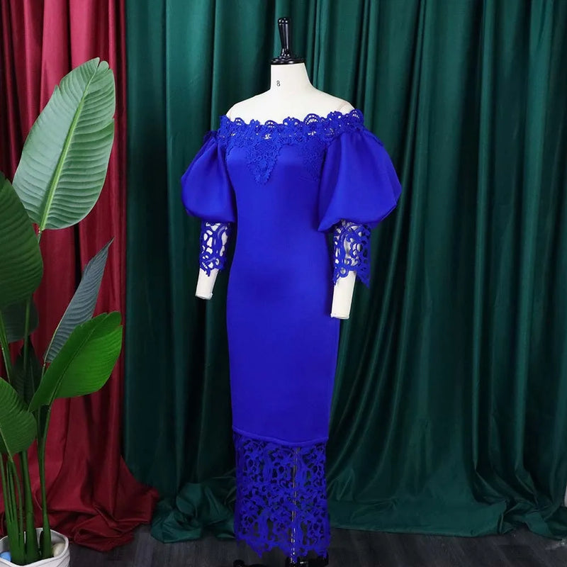 Dashiki African Women Gown Hollow Out Party Dress Sexy Long Sleeve Round Neck Ladies Elegant Solid Pullover High Waist 2024