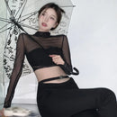 Women Backless Sexy Slim Long Sleeve T Shirt Expose Navel Solid Color Half Turtleneck Tops