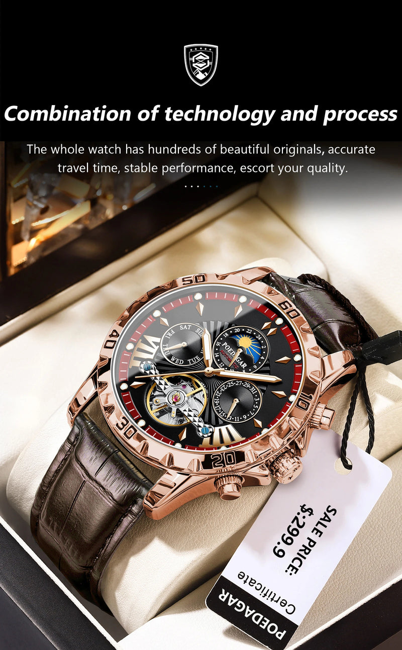 POEDAGAR Tourbillon Automatic Mechanical Wristwatch Waterproof Luminous Date Week Leather Men Watch Luxury Fashion Men's Watches