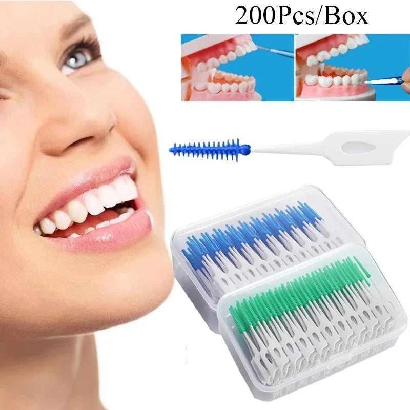 Interdental Silicone Brushes 200 Units Dental Toothpicks Brush Between Teeth With Thread Oral Cleaning Tools