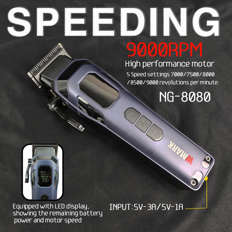 WMARK NG-8080 BK-BL1T Professional Hair Clipper Trimmer 9000/7800RPM DLC Blade LED Display Men's Haircut Machine With Base
