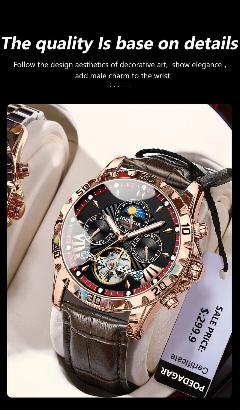 POEDAGAR Tourbillon Automatic Mechanical Wristwatch Waterproof Luminous Date Week Leather Men Watch Luxury Fashion Men's Watches