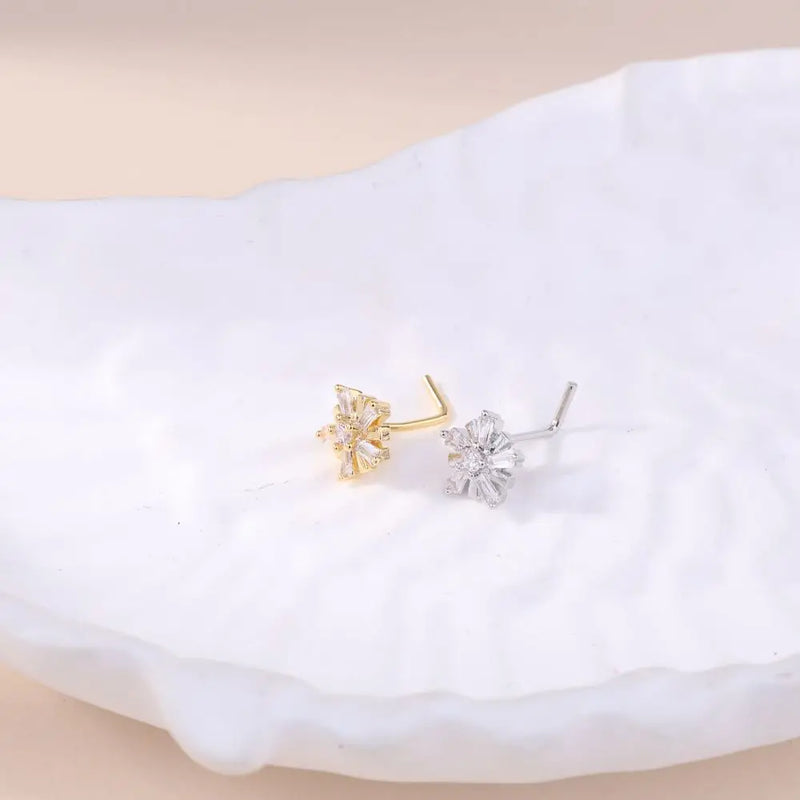 20G L Shaped Nose Studs CZ Cute Snowflake Shape Design Gold Silver Color Nose Piercing for Women Girl Nostril Jewelry