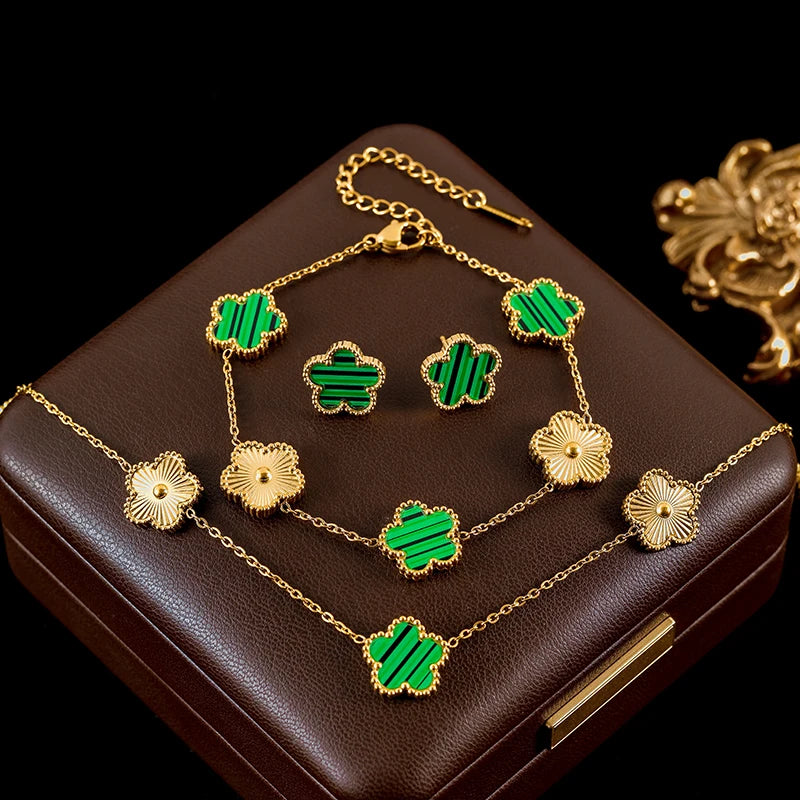 GANEMLY 316L Stainless Steel Red Plum Blossom Plant Leaf Flower Set Reversible Necklace Earrings Bracelet Women Clover Jewelry