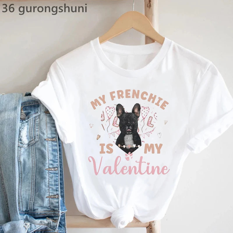 Frenchies In Love Animal Print T-Shirt Women'S Clothing French Bulldog Tshirt Femme Harajuku Kawaii Clothes Dog Lover T Shirt