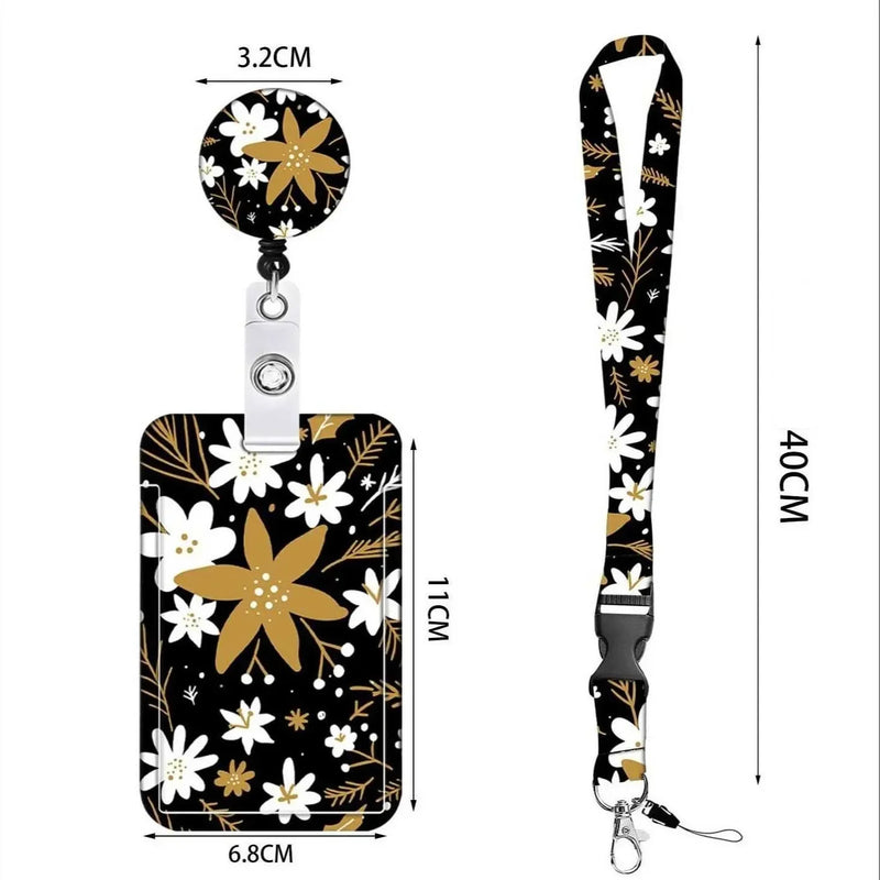 Staff Working Cards Holder with Retractable Long Lanyard and Badge Reel Flower ID Credit Cards Holder Cover for Woman Phone Rope