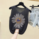 Hot Rhinestone Bright Silk Sleeveless Vest Women's Spring/Summer New Style V-neck Loose All-match Sling Knitted  Top T-shirt