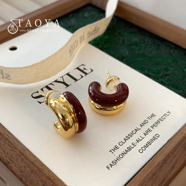 Copper alloy C-shaped Color Blocked Enamel Earrings Simple and Versatile Jewelry Fashion and Elegant Ear Accessories for Womens