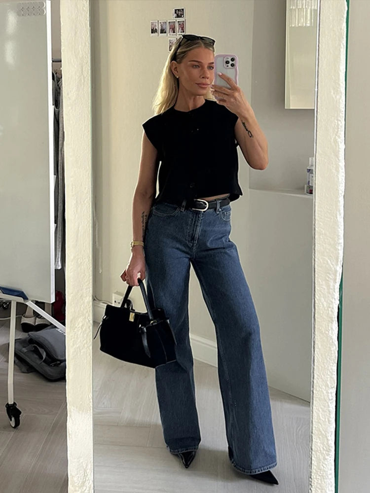 Chic Round Neck Vest For Women Summer Single Breasted Sleeveless Waistcoat Female 2024 Fashion Street Lady Cropped Tops