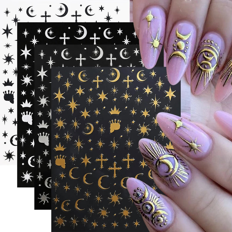 4Sheets Moon Star Heart Sun Mysterious Celestial Design Nail Art Stickers Self Adhesive Manicure Sliders For Nail Art Decoration