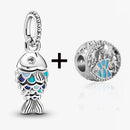 2Pcs/Lot Crystal Blue Scaled Fish Bead With Pendant Fit DIY Brand Charm Bracelet  For Women's Summer Jewelry To Making Gift