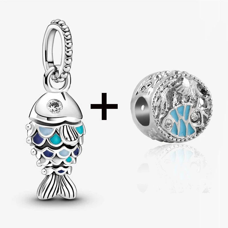 2Pcs/Lot Crystal Blue Scaled Fish Bead With Pendant Fit DIY Brand Charm Bracelet  For Women's Summer Jewelry To Making Gift