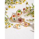 Light Cozy 18k Gold Plated Minimalist White Drip Oil Dried Flower Open End Ring Women Stainless Steel Statement Jewelry