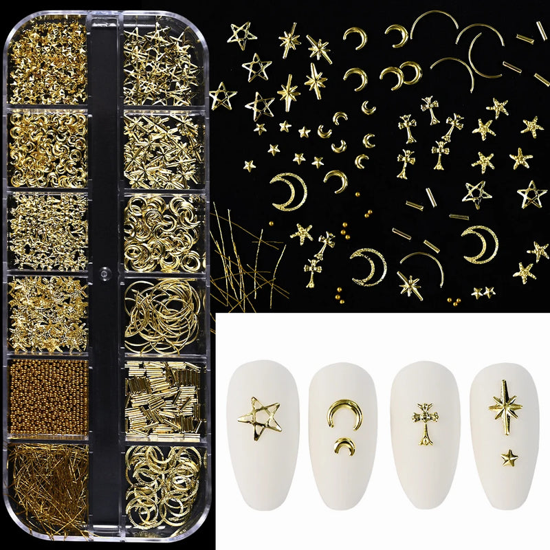 1000Pcs Gold Star Moon Glitter Nail Charms Metal Tips Slice Rivet DIY 3D FlatBack Nail Art Decorations Nails Jewelry Accessories