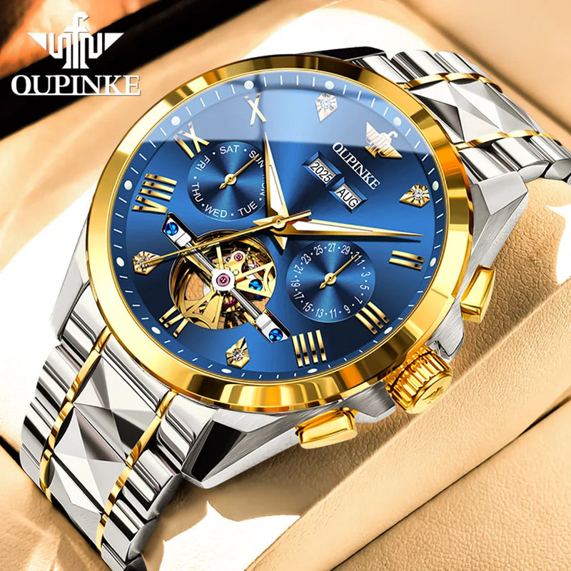 OUPINKE 3240 Automatic Watches Men 44mm Large Dial Tungsten Steel Strap Skeleton Flywheel Mechanical Watch for Men Luxury Watch
