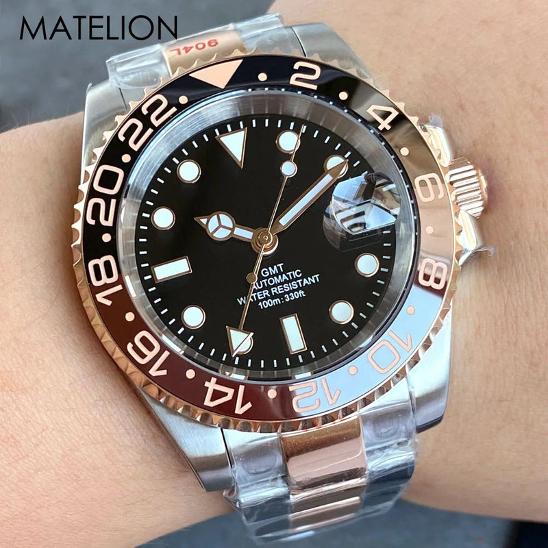 Gold Tow Tone NH34A GMT Movement Diving Watch for Men Automatic Watches Mechanical Swim Jubilee Bracelet 200m Waterproof Date