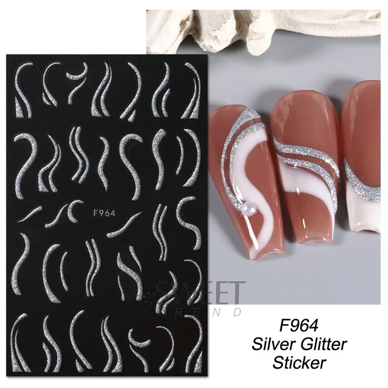3D Snake Laser Stickers for Manicure Black Gold Abstract Leaves Luxury Nail Art Adhesive Slider Polish Decor Decals SASW-SJ
