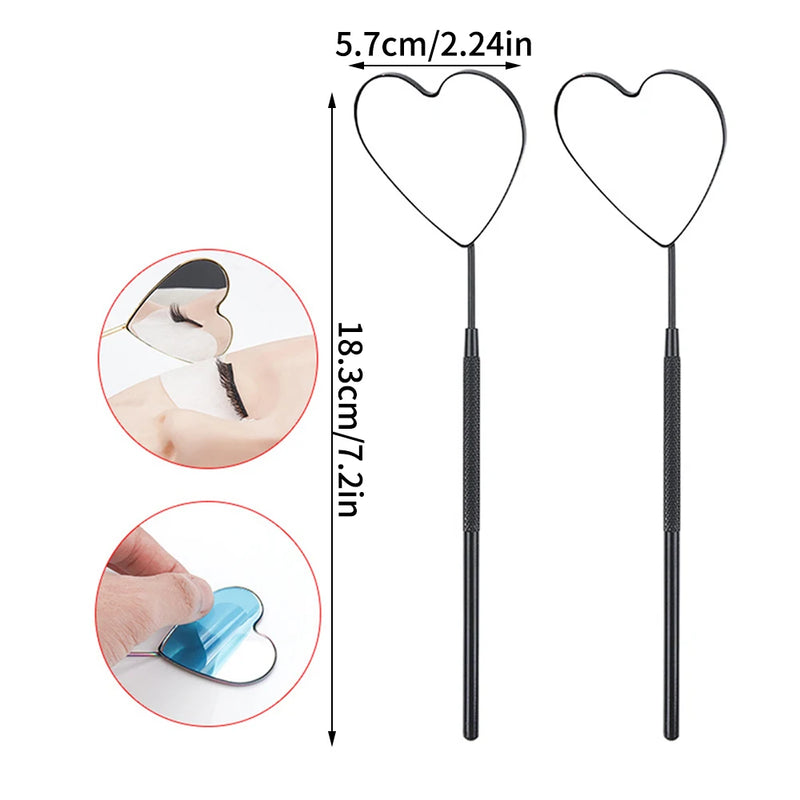 1pc False Eyelashes Mirror Connected To Eyelash Inspection Mirror Heart Shaped Long Handle Magnifying Cosmetic Tool