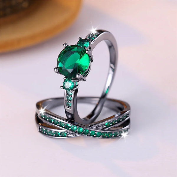 Luxury Female Crystal Green Zircon Stone Round Engagement Ring Set Vintage Yellow Gold Color Wedding Jewelry For Women