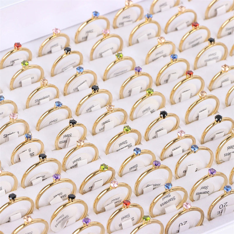 10Pcs/Lot Fashion Classic Rhinestone Stainless Steel Rings For Women Simple Shiny Colorful Finger Jewelry Wedding Party Gifts
