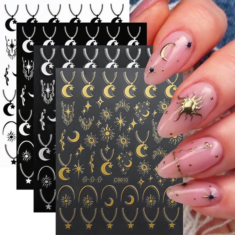 4Sheets Moon Star Heart Sun Mysterious Celestial Design Nail Art Stickers Self Adhesive Manicure Sliders For Nail Art Decoration