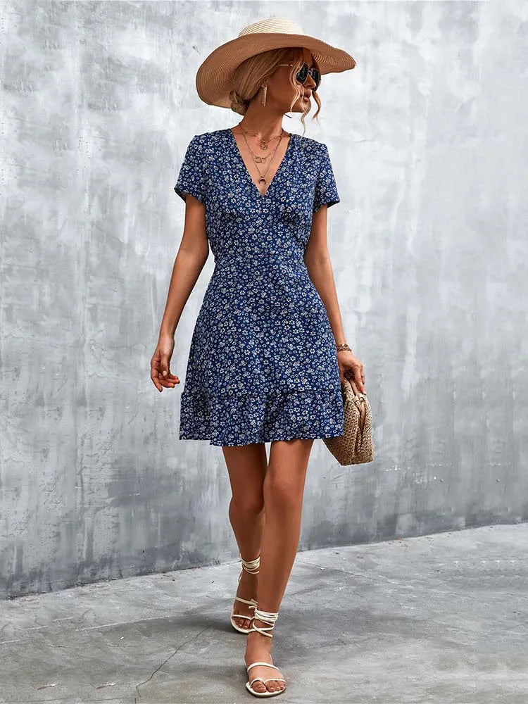 Summer Short Boho Dress Women V Neck Print Floral Party Dress Ladies Bohemian Flower Mini Dress For Women