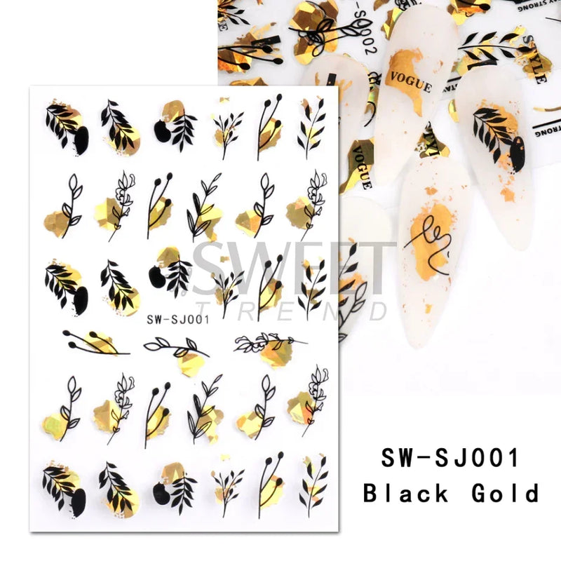 3D Snake Laser Stickers for Manicure Black Gold Abstract Leaves Luxury Nail Art Adhesive Slider Polish Decor Decals SASW-SJ