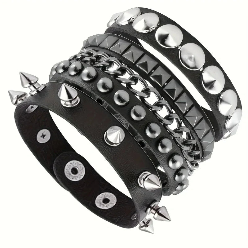 Vintage Leather Bracelet Three Row Cuspidal Spikes Rivet Stud Wide Cuff PU Leather Punk Gothic Rock Unisex Bracelet Men Jewelry