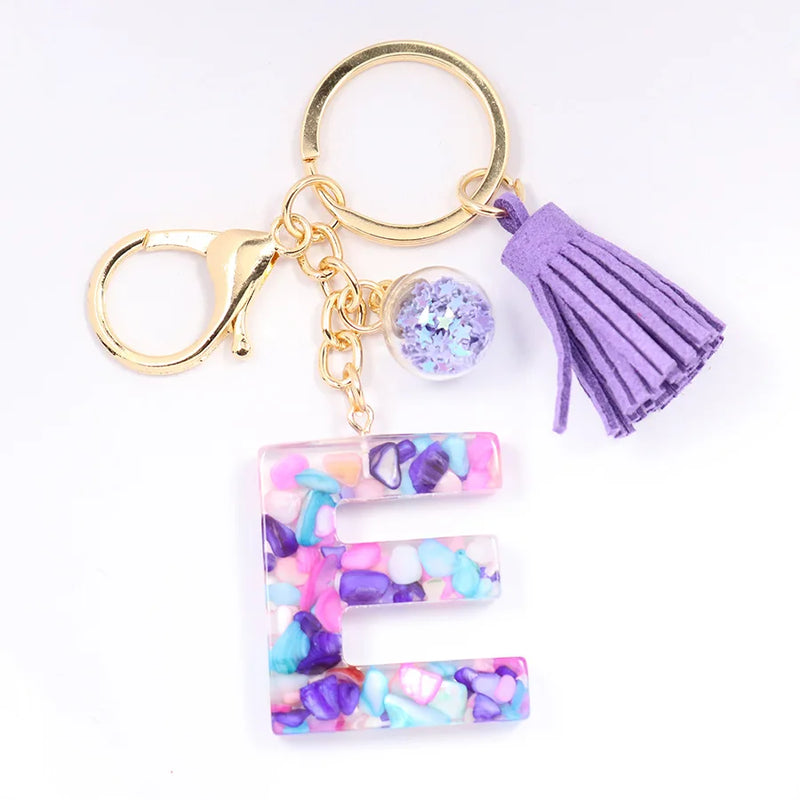 Women ew Crystal Epoxy Tassel Keychain Pendant Girl Heart English Capital Letter Stone Key K5158