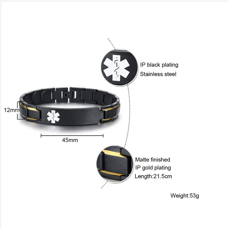 Men Personalized Custom Engrave ID Bracelets Stainless Steel Link Chain Medical  Bracelet