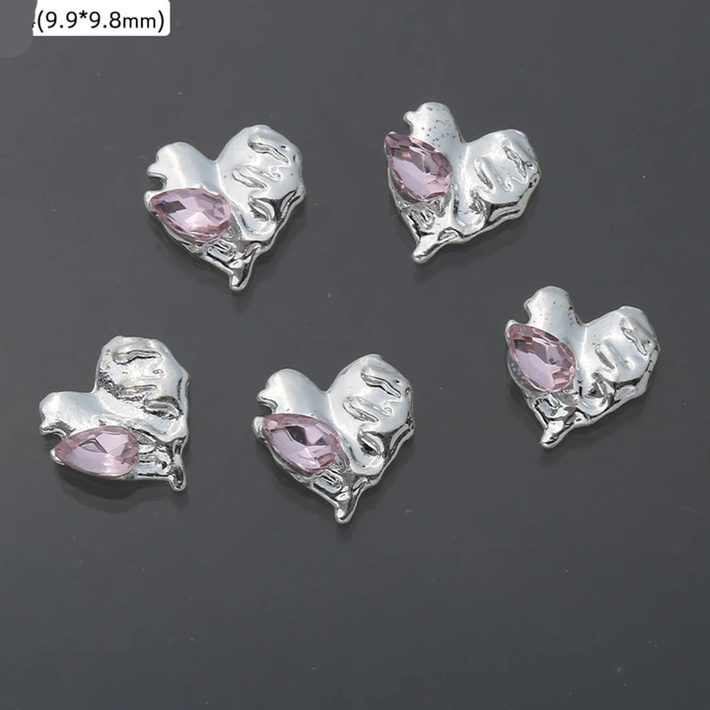 10Pcs Pink Metal Gem Zircon Nail Art Charm 3D Luxurious Heart Ribbon Cross Starlight Nail Decoration DIY Zircon Nail Accessories