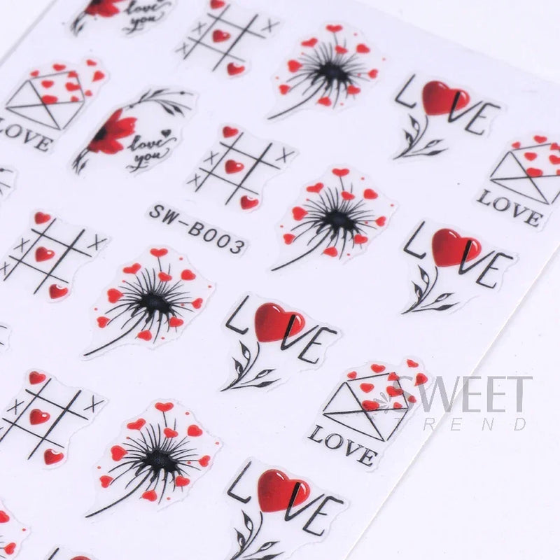 Red Wing Heart Nail Stickers 3D Glitter Stars Moon Lines Foil Metallic Manicure Valentines Decal Slider Manicure Decoration Tips