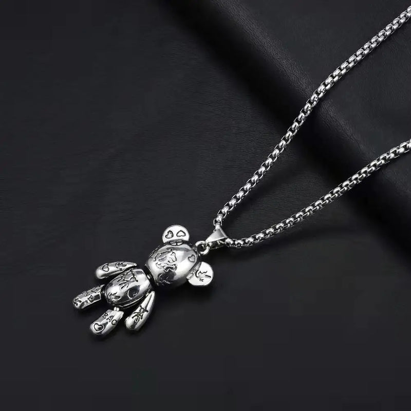 Fashion Cute Hip Hop Bear Pendant Necklace for Men & Women Punk Wind Titanium Steel Sweater Chain Jewelry Set Lovers Gift