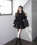 Korean Black Velvet Dresses for Women Single Breasted Long Sleeve Evening Party Dress Autumn Y2K Fashion A-line Vestido Mujer