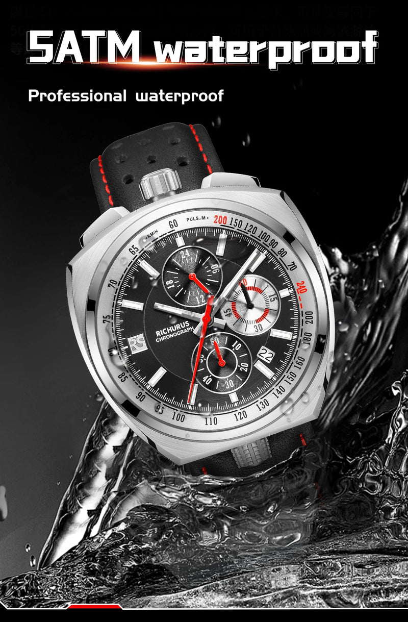 New Luxury Men Watches Multi-functional Sports Chronograph Stainless Steel Case 5ATM Waterproof Quartz Wristwatch Montre Homme